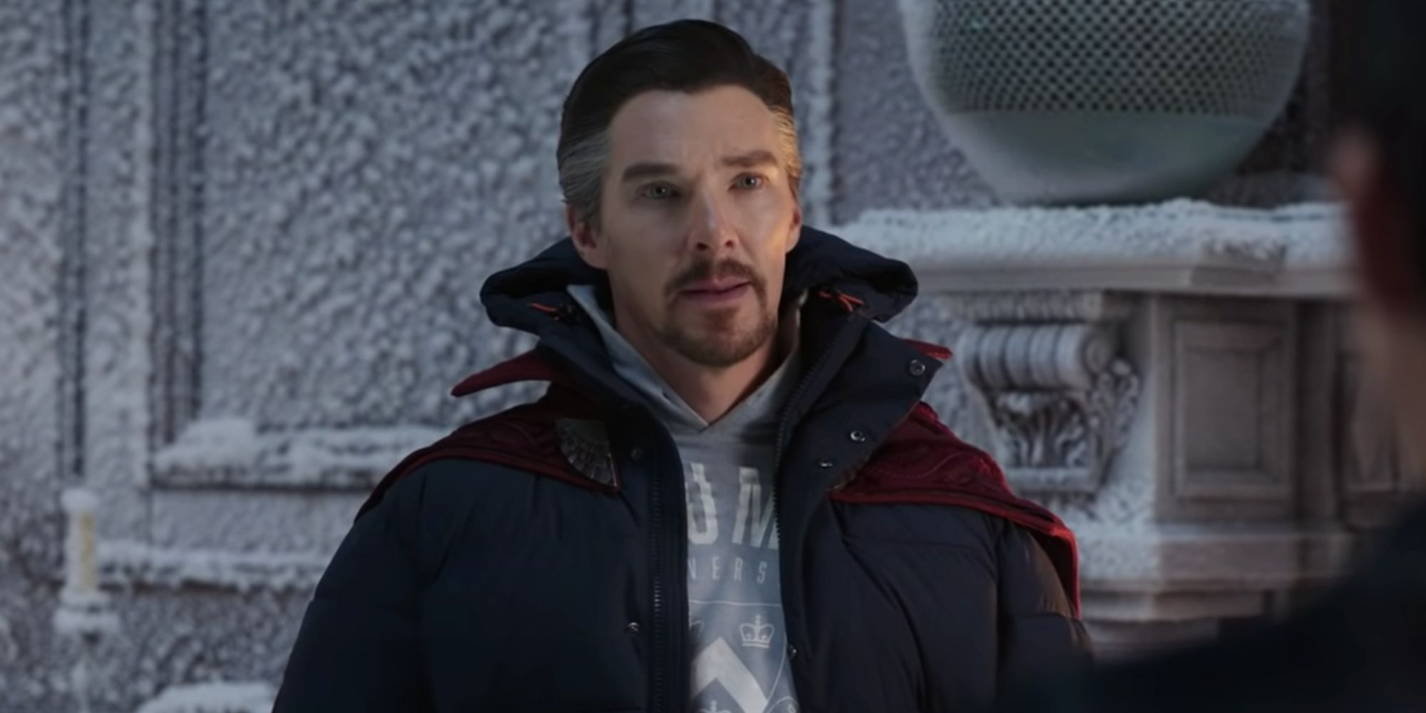 Doctor Strange wears a winter jacket in Spider-Man: No Way Home.