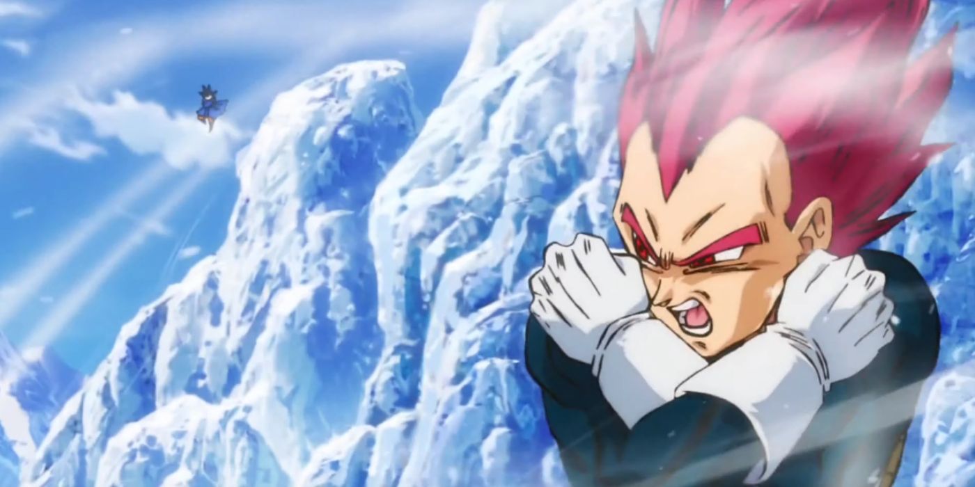 Super Saiyan God Super Saiyan Vegeta holding back wind in Dragon Ball Super: Broly