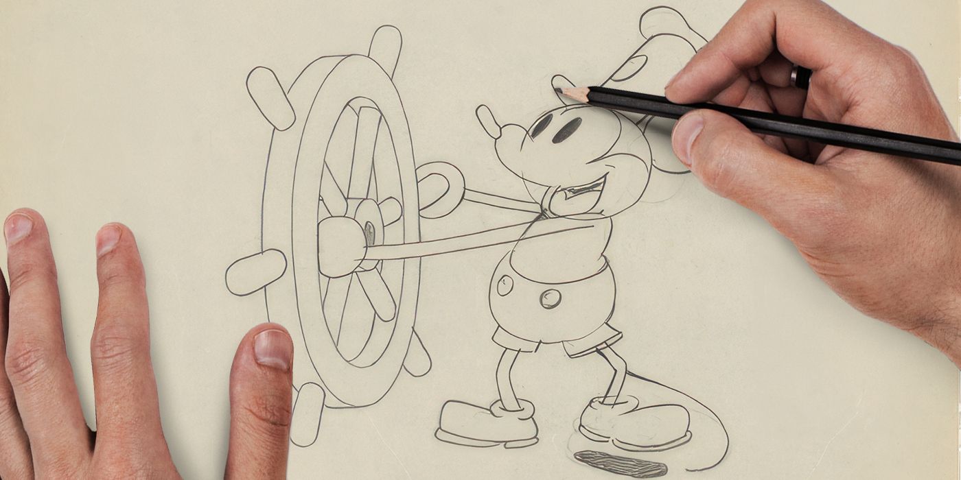 A hand drawing Steamboat Willie on a piece of paper.