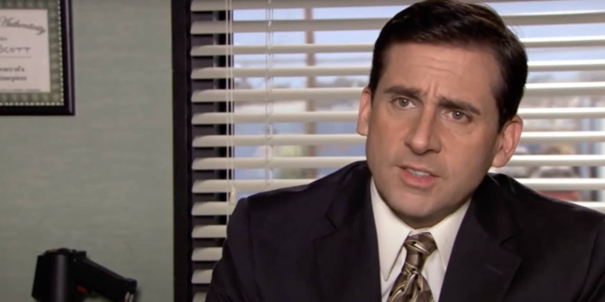 Steve Carrell in The Office as Michael Scott talking with camera person