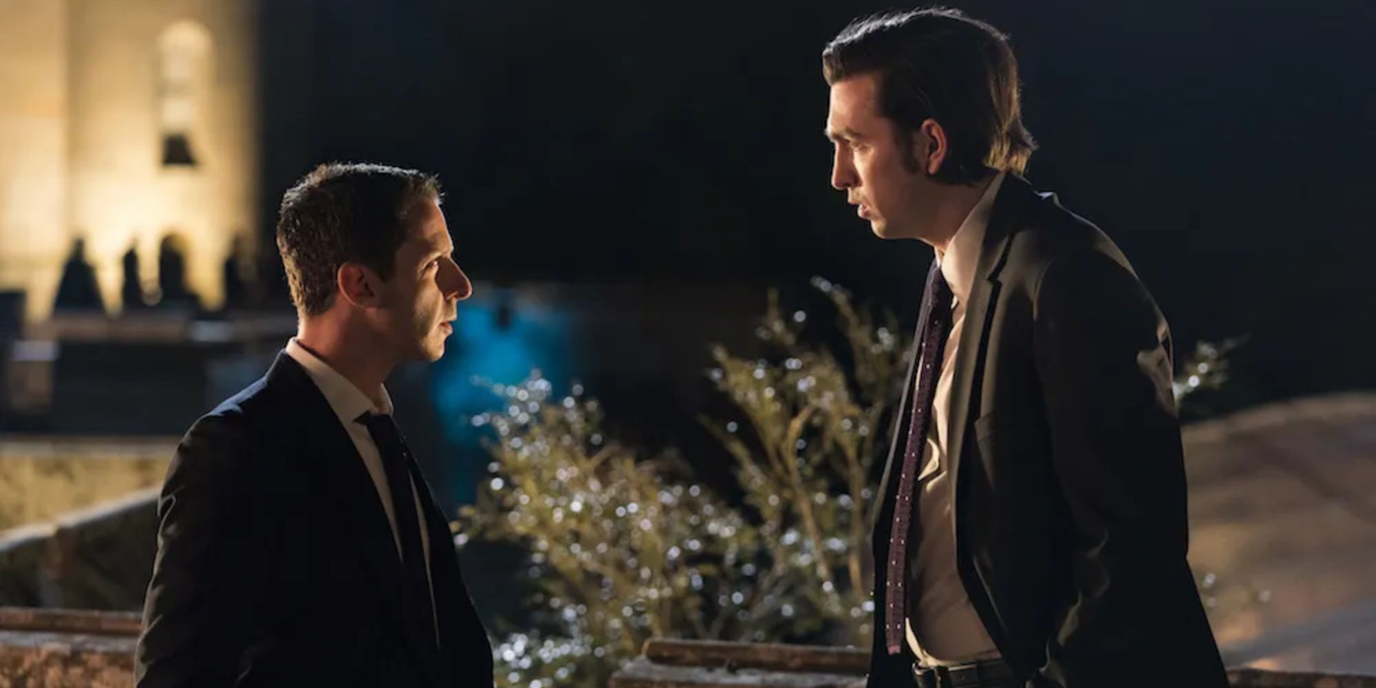 Two men have a conversation outside at night in Succession episode Nobody Is Ever Missing.