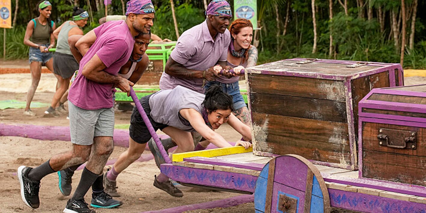 Survivor 46 2024  Tribe-Contestants Pushing Cart with Blocks episode 1