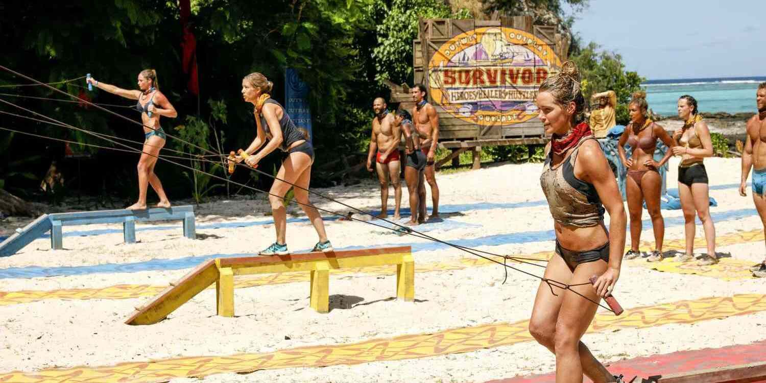 A still from Survivor: Heroes vs. Healers vs. Hustlers during a balancing challenge