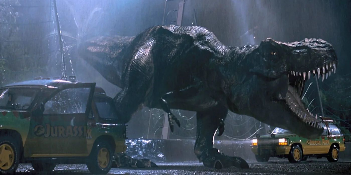 T. rex escapes his pen and roars under the rain in 'Jurassic Park'