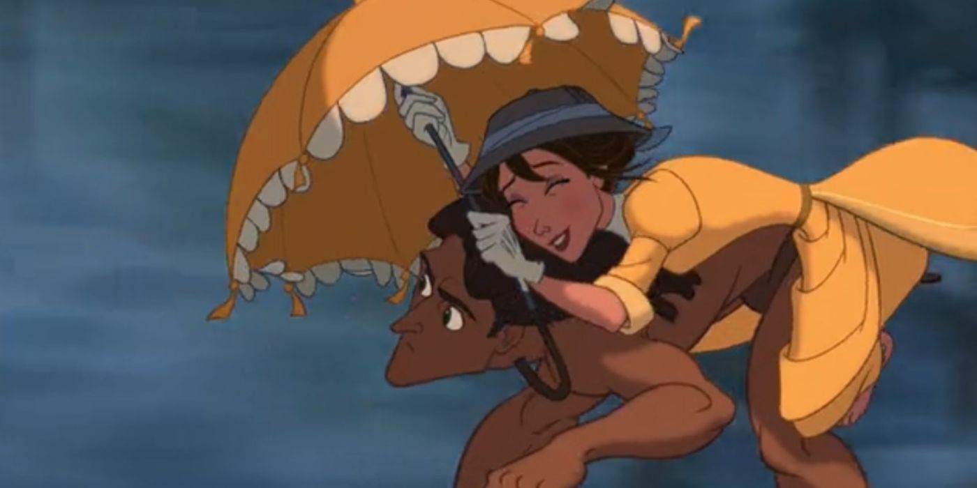 Tarzan and Jane tree surfing while Jane covers them with her umbrella