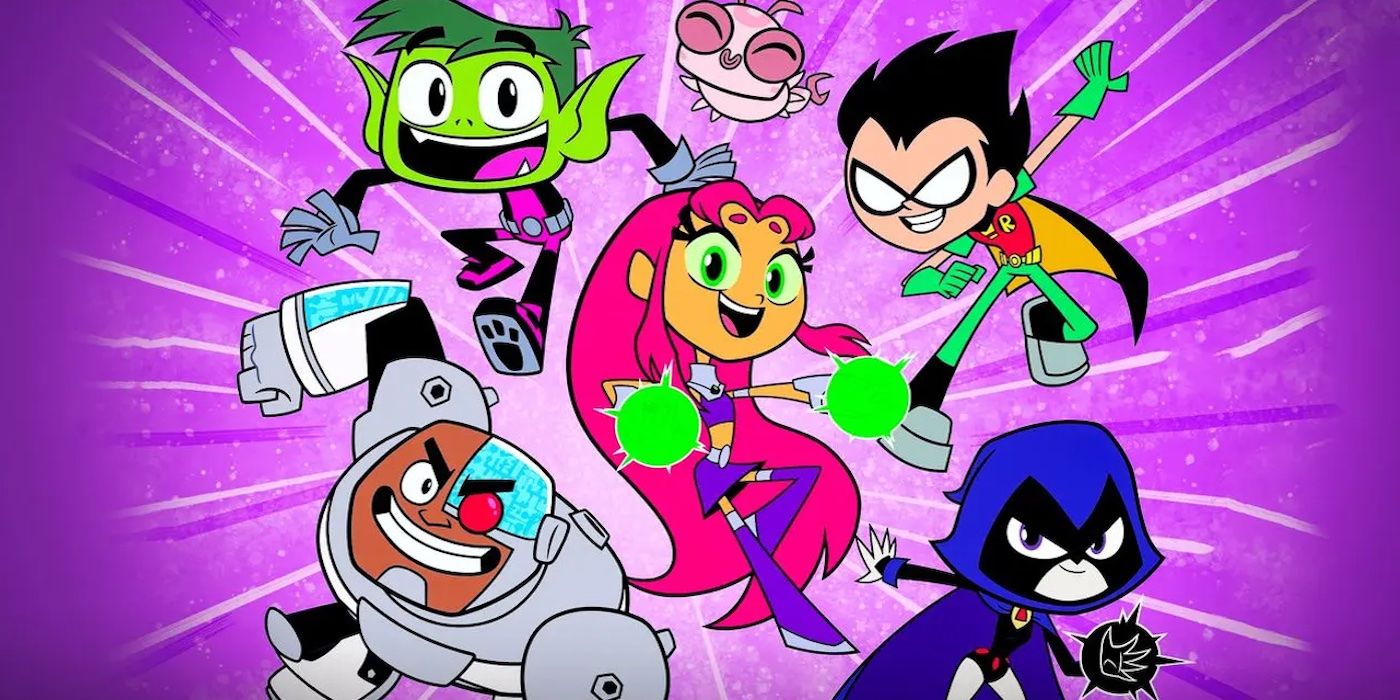 Promotional image for 'Teen Titans Go!' showing Raven, Robin, Beast Boy, Cyborg, and Starfire