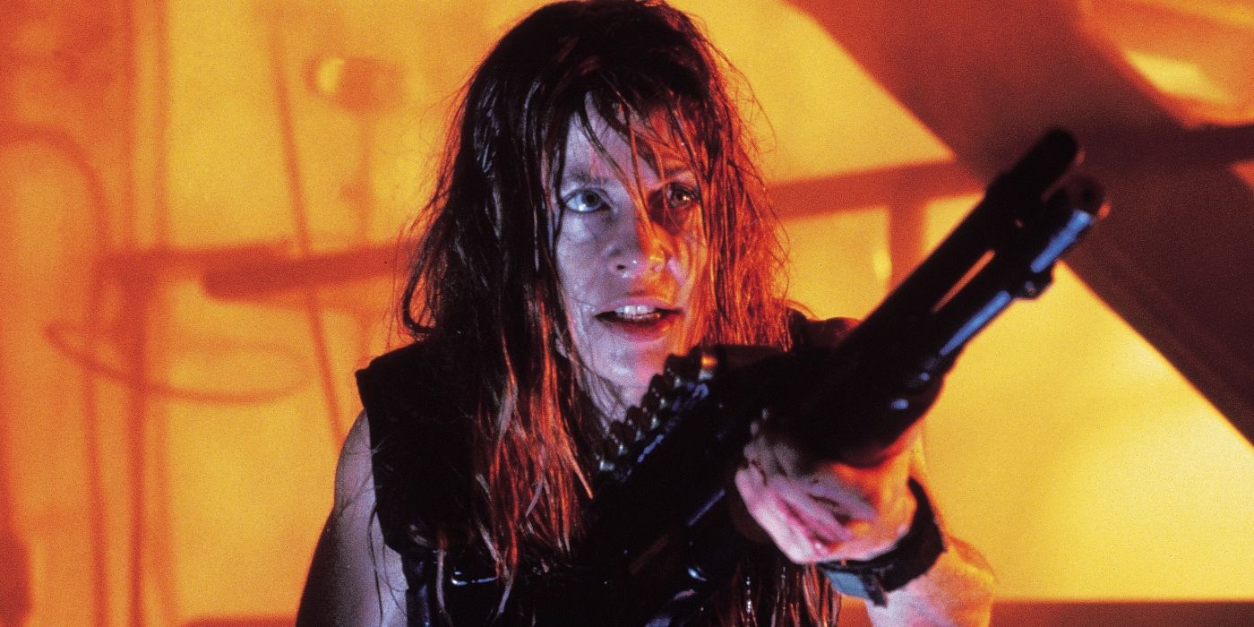 Sarah Connor aiming a rifle in Terminator 2: Judgment Day