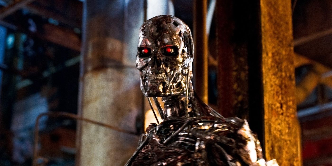 A Terminator with red eyes stands in a warehouse in 2009's Terminator Salvation 