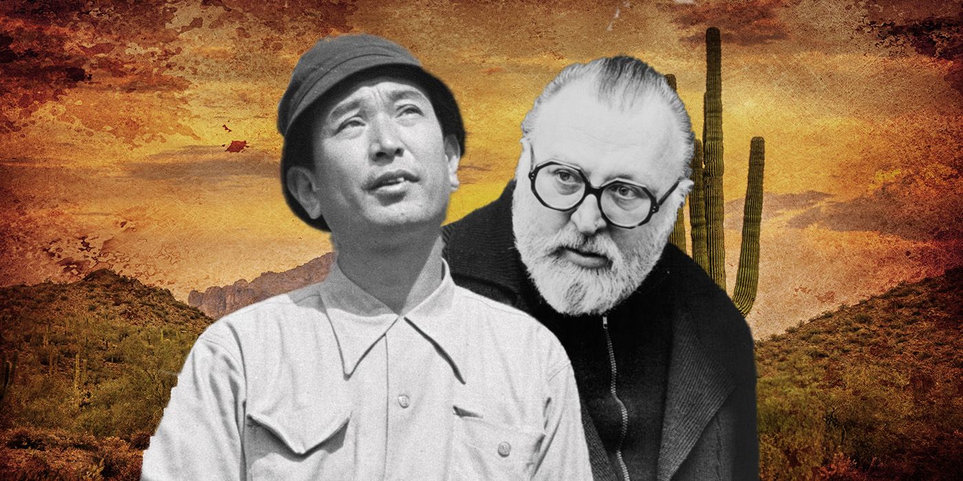 A custom image of Sergio Leone and Akira Kurosawa on a desert background