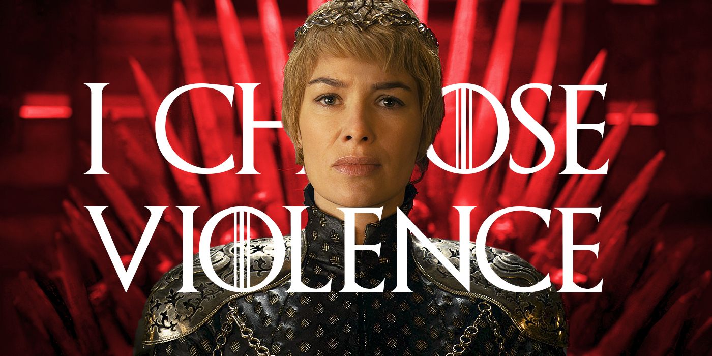 Lena Headey as Cersei Lannister seated at The Iron Throne with the phrase I choose violence around her