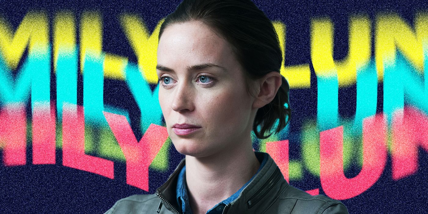 Blended image showing Emily Blunt with her name on the background.
