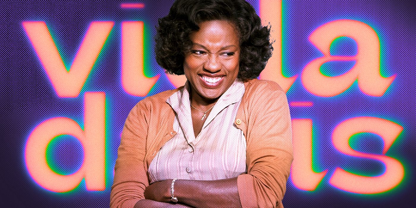 Blended image showing Viola Davis laughing with her name on the background.