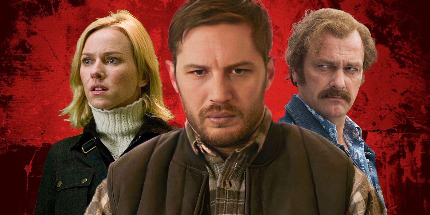 Blended image showing Naomi Watts, Tom Hardy, and a third man against a blood-red background.