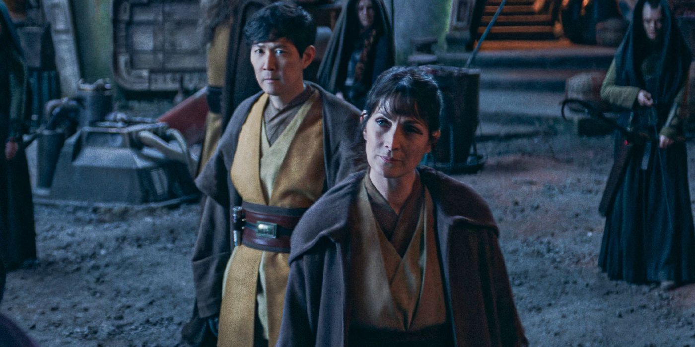 Lee Jung-jae as Master Sol and Carrie Anne Moss as Master Indara in Jedi robes in The Acolyte
