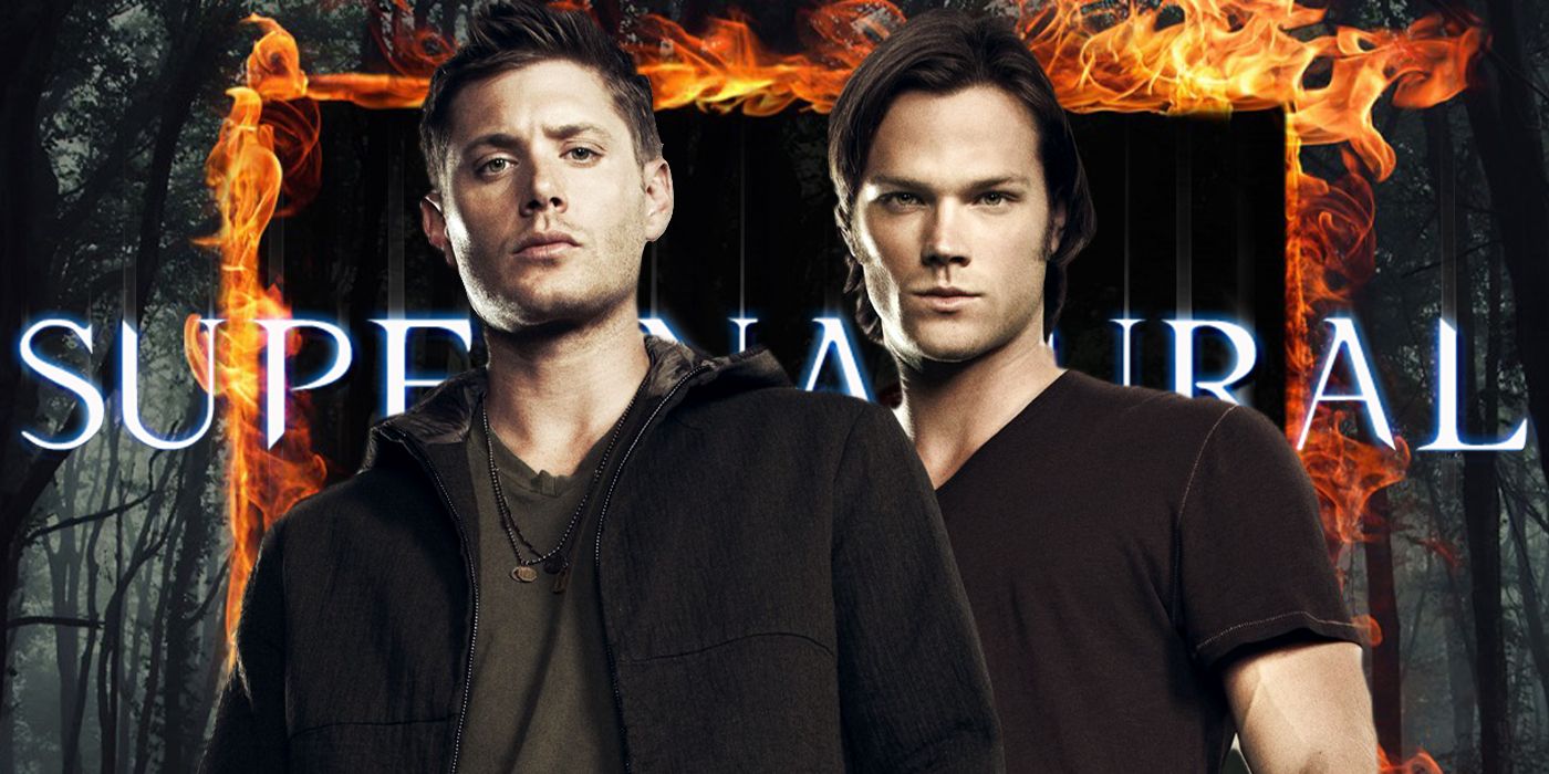 Imagen fusionada con el logo de Supernatural detrás de Dean y Sam Winchester.