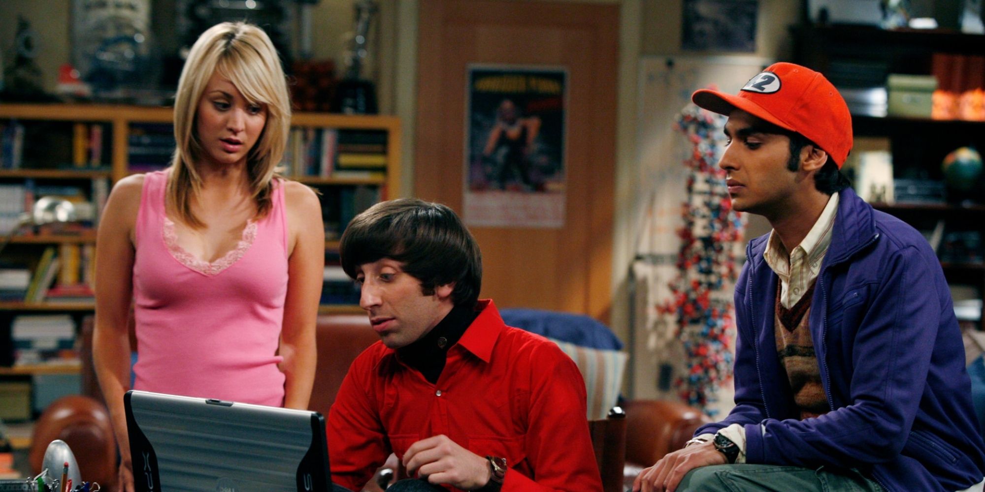 Penny, Raj and Howard from The Big Bang Theory standing together