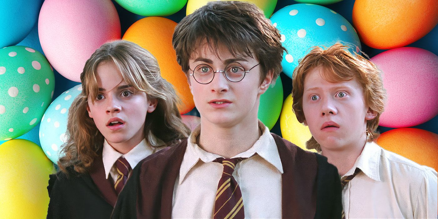 A custom image of Harry, Ron, and Hermione from Prisoner of Azkaban against a background of colorful Easter eggs