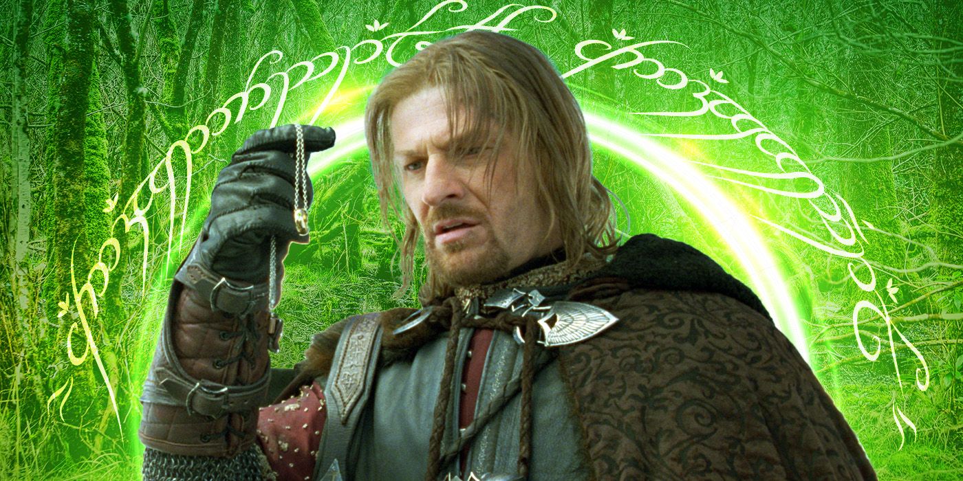 Featured Image of Boromir (Sean Bean) holding the One Ring with a green inscribed background