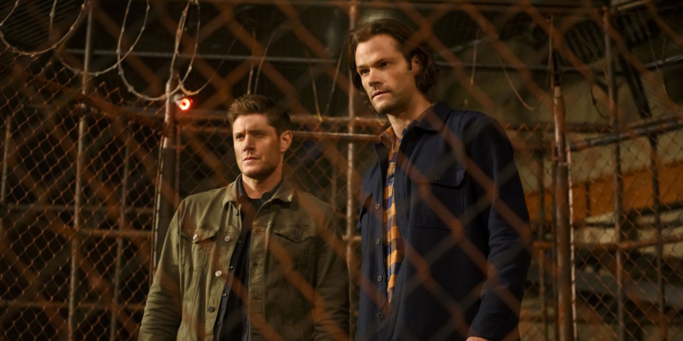Sam and Dean Winchester (Jared Padalecki and Jensen Ackles) stand behind the bars of a monster cage match in Supernatural
