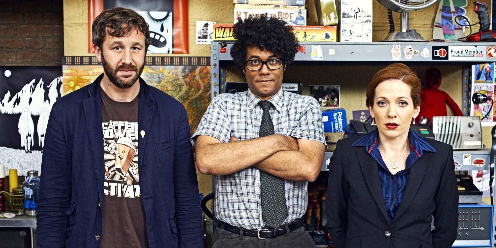 Roy, Maurice, and Jen from The IT Crowd standing together