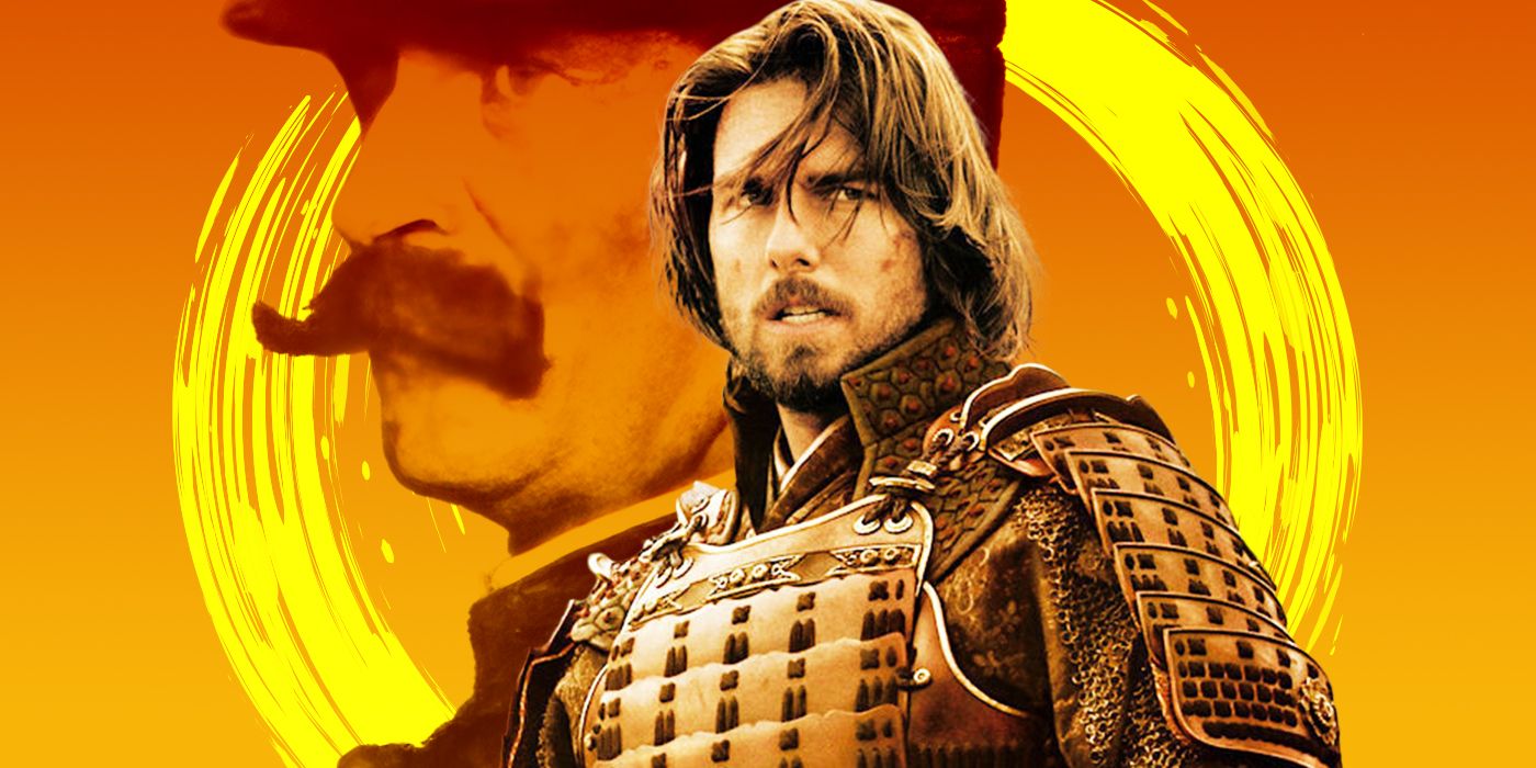 Tom Cruise in the Last Samurai with the man he was based on as a silhouette in the background