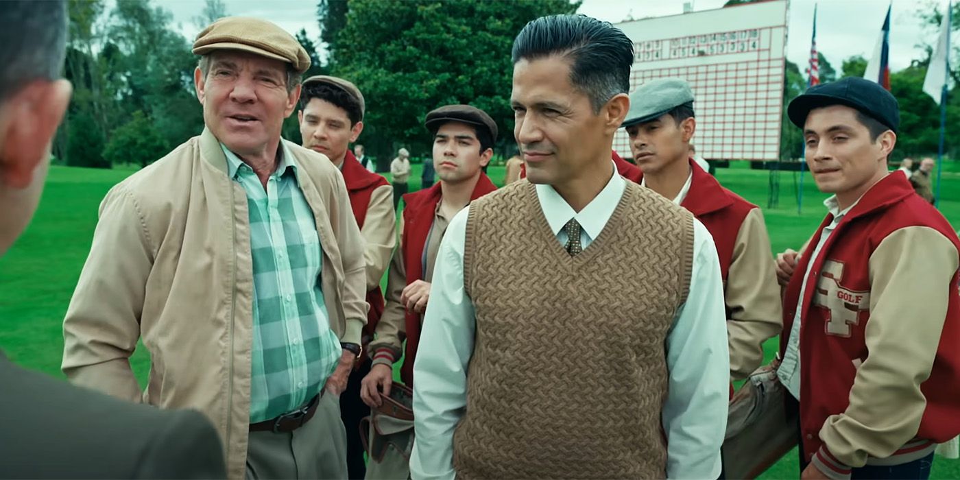 Dennis Quaid, Jay Hernandez, and more standing on a golf range in The Long Game