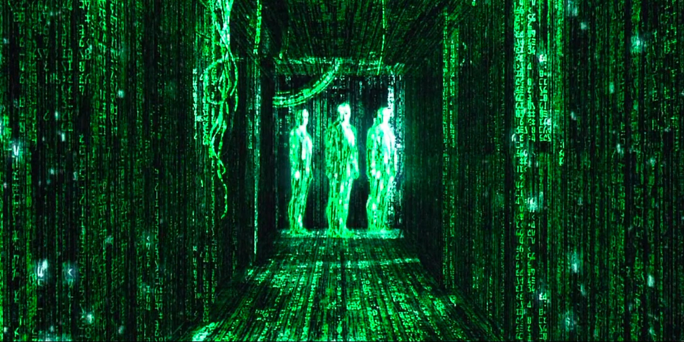 Three agents in 'The Matrix' appear as figures made of green lines of code.