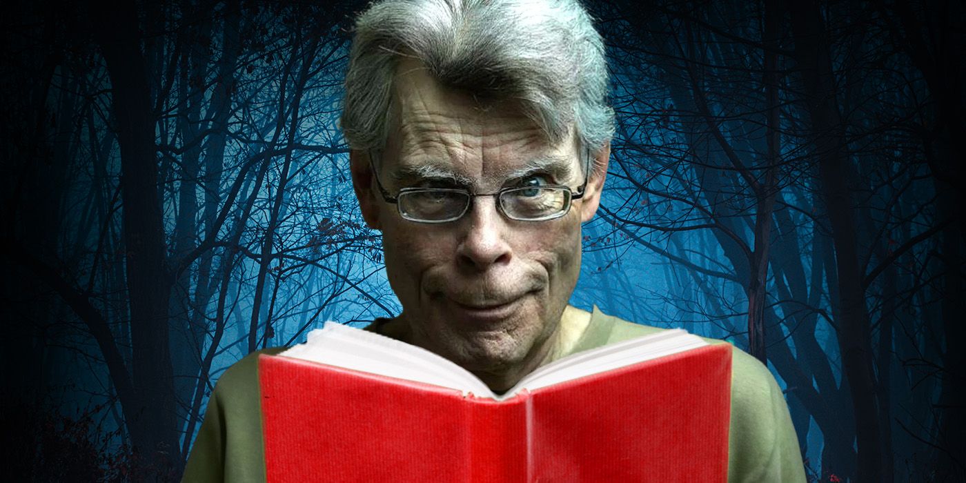A custom image of Stephen King holding a red book in front of a dark, creepy forest