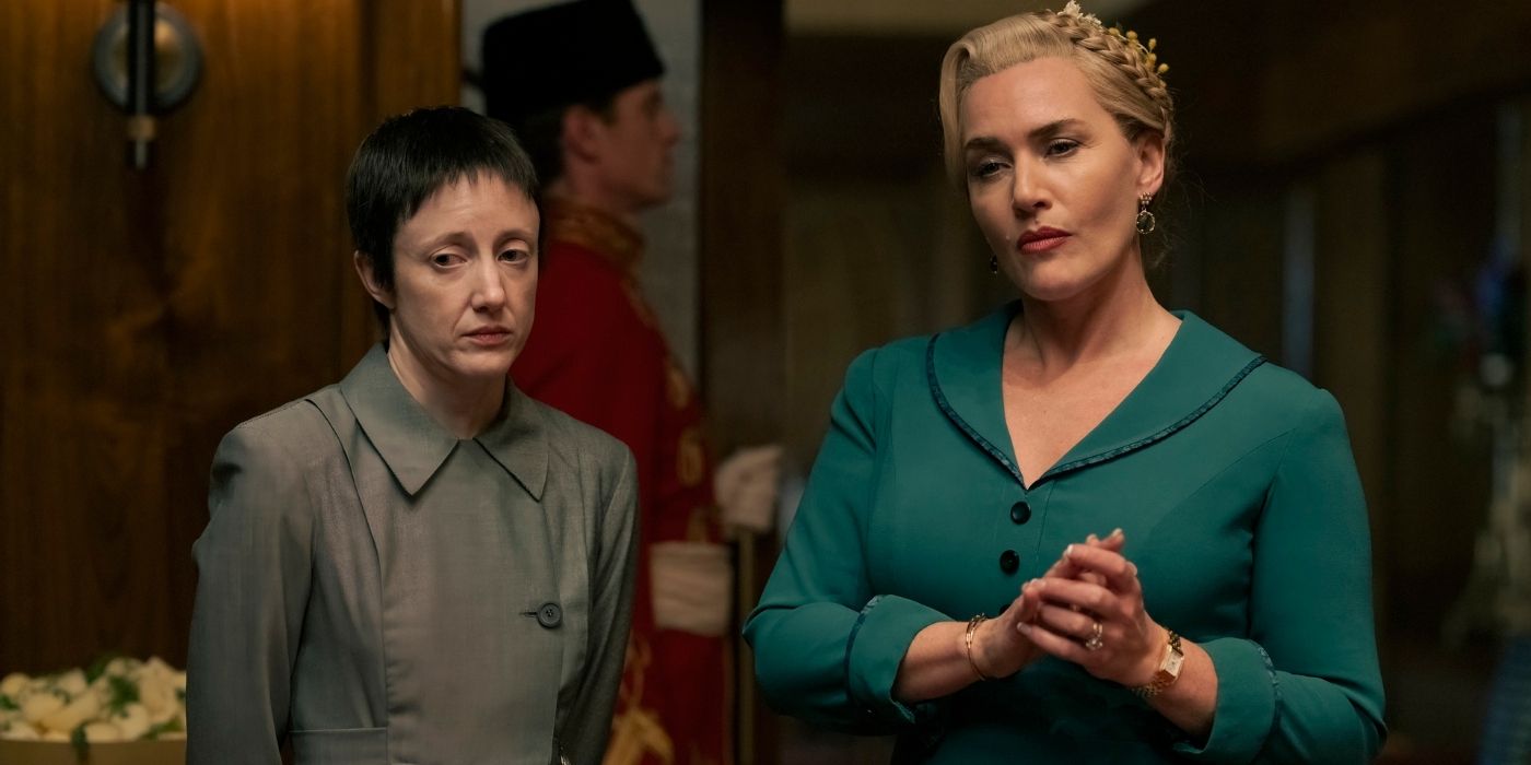 Andrea Riseborough and Kate Winslet look at something off camera thinking in The Regime