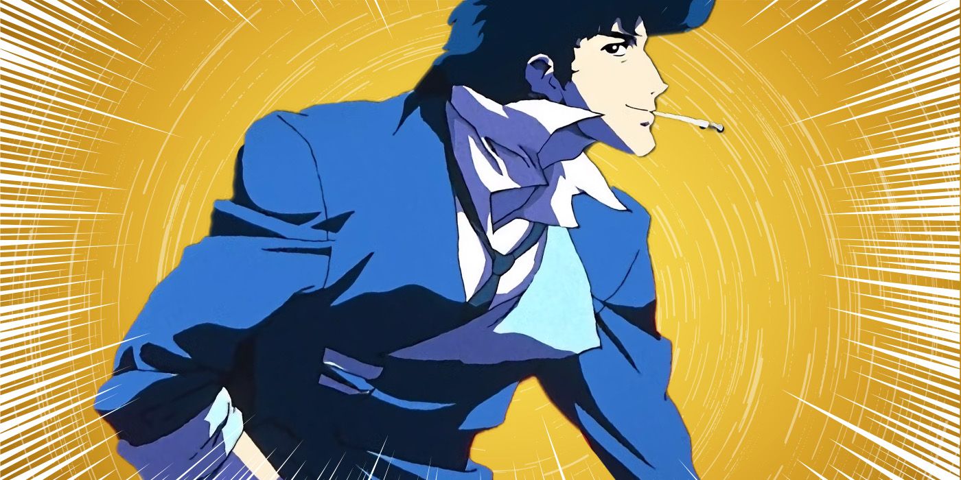 Spike Spiegal from Cowboy Bebop turned to the side with something in his mouth