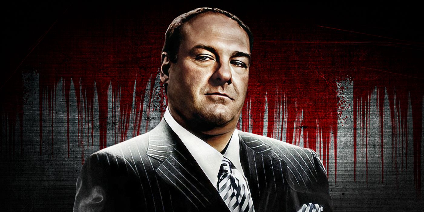 Feature image of James Gandolfini in a suit against a bloody slate background