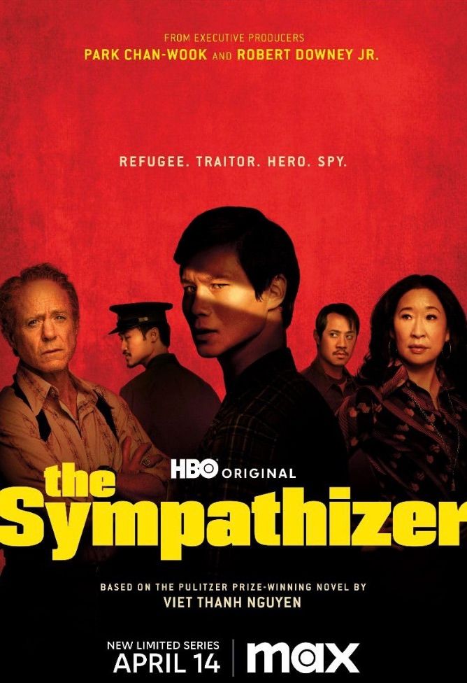 Robert Downey Jr., Hoa Xuande, and Sandra Oh on the red and yellow poster for The Sympathizer