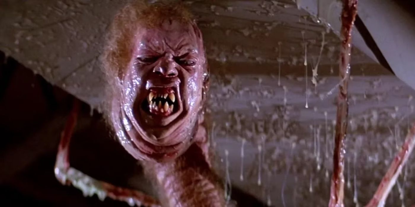 A malformed head coming out of an elongated neck in 'The Thing' (1982).