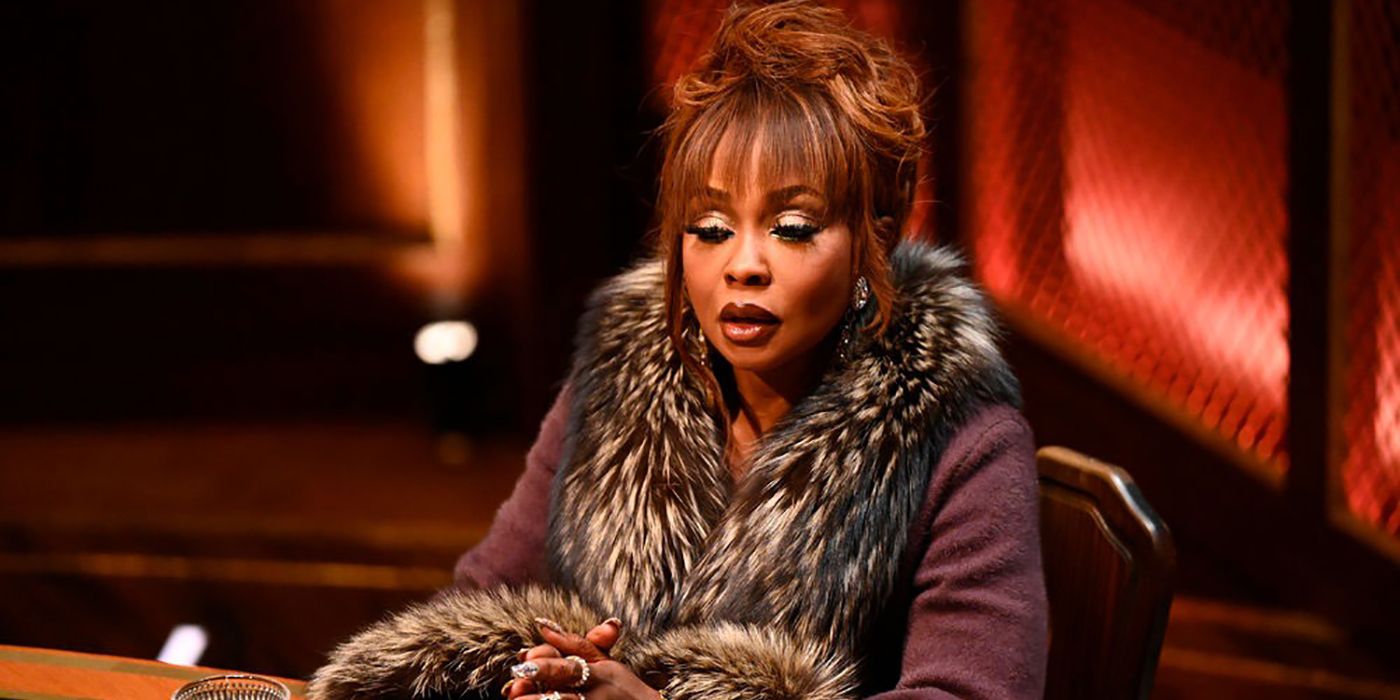 Phaedra wearing fur in the boardroom, looking annoyed in The Traitors.