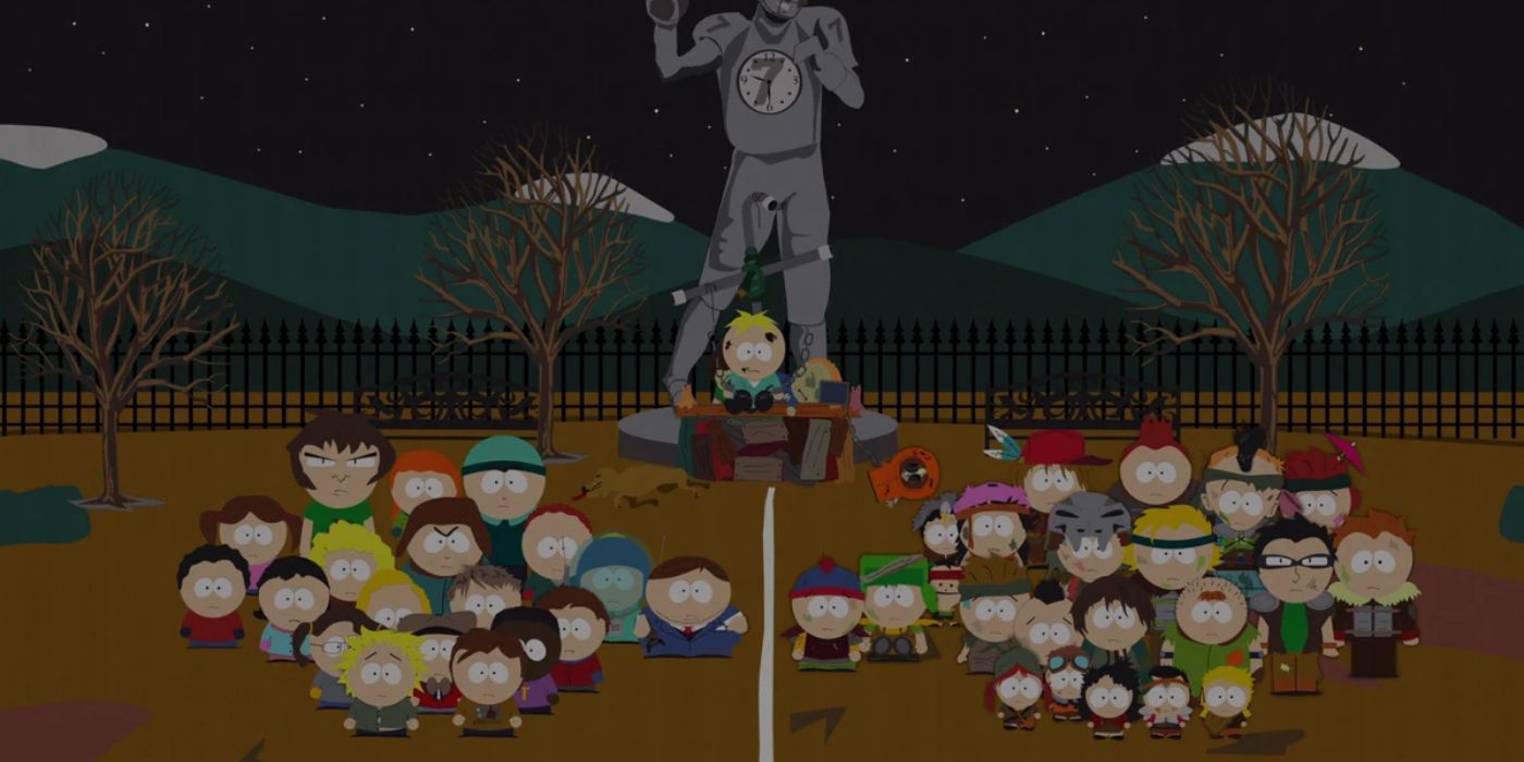 The kids of South Park gather at night by a statue in a dirt field in 'South Park' Season 4, Episode 16 "The Wacky Molestation Adventure" (2000)