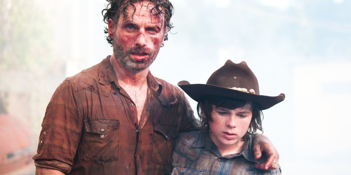 Andrew Lincoln as Rick Grimes and Chandler Riggs as Carl in The Walking Dead