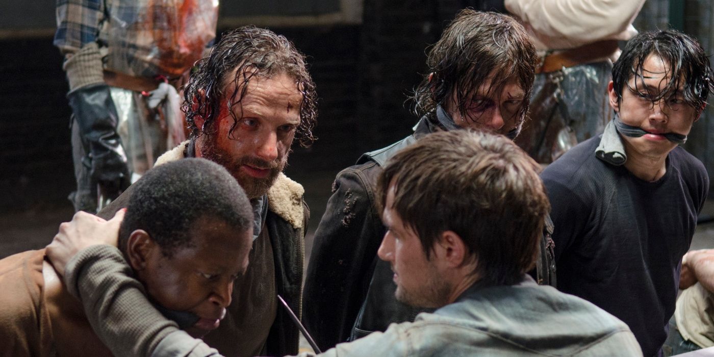 Andrew Licnoln as Rick, Norman Reedus as Daryl, Steven Yeun as Glen, Andrew J. West as Gareth, and Lawrence Gilliard Jr. as Bob in Terminus on The Walking Dead 