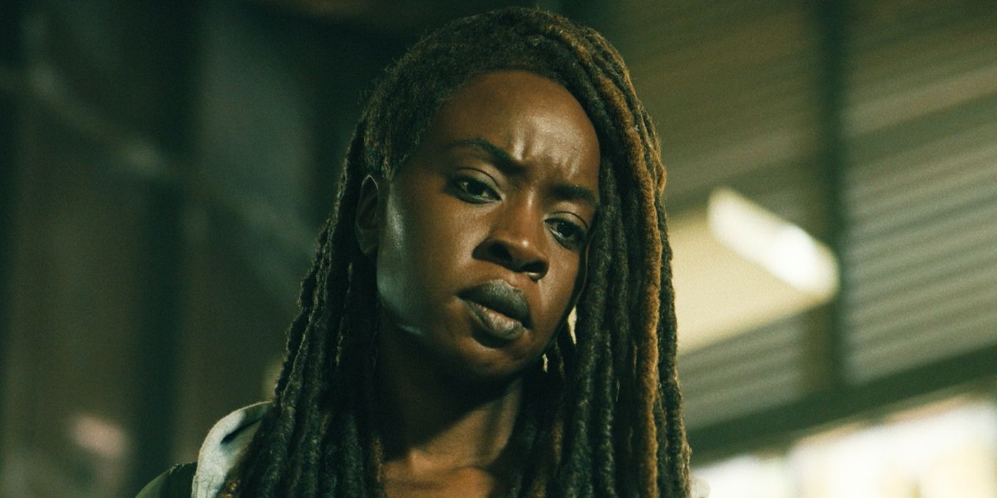 Danai Gurira as Michonne looking down at something indoors in The Walking Dead: The Ones Who Live 