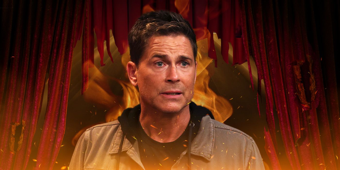 A custom image of Rob Lowe in front of an Oscar curtain