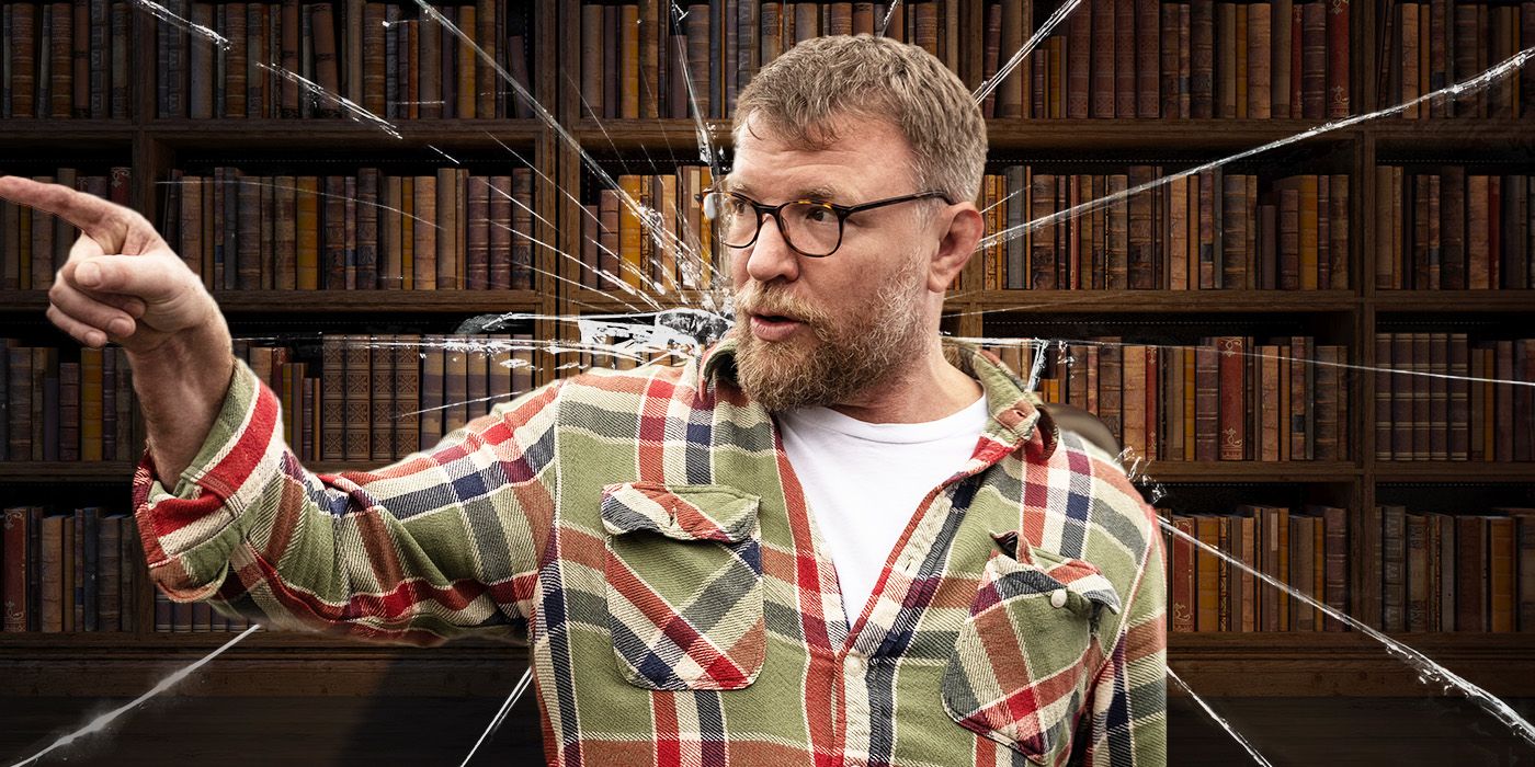 Custom image of Guy Ritchie against a library and a cracked screen