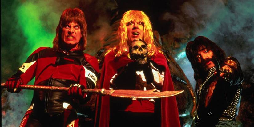 Christopher Guest, Michael McKean, and Harry Shearer as Nigel Tufnel, David St. Hubbins, and Derek Smalls in This Is Spinal Tap.