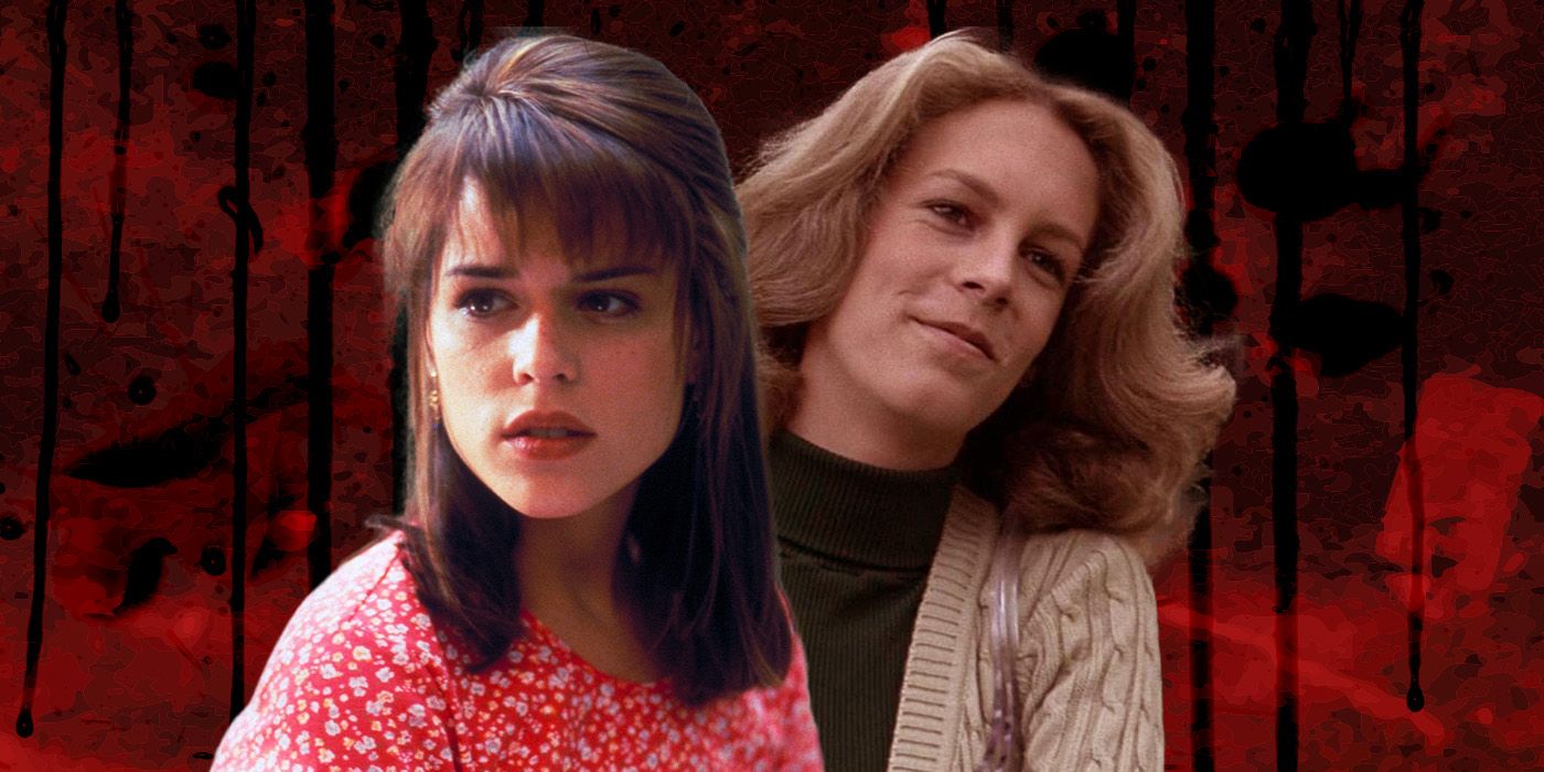 Feature image of Final Girls, Neve Campbell and Jamie Lee Curtis, with a red horror background.