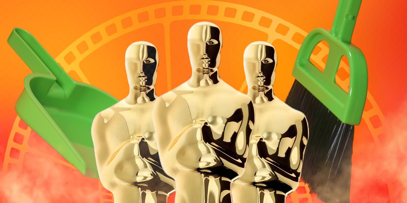 A custom image of three Oscar statuettes with a broom and dustpan behind it