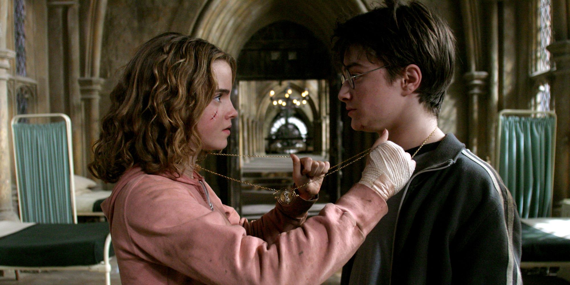 Hermione and Harry (Emma Watson and Daniel Radcliffe) use the Time-Turner in Harry Potter and the Prisoner of Azkaban