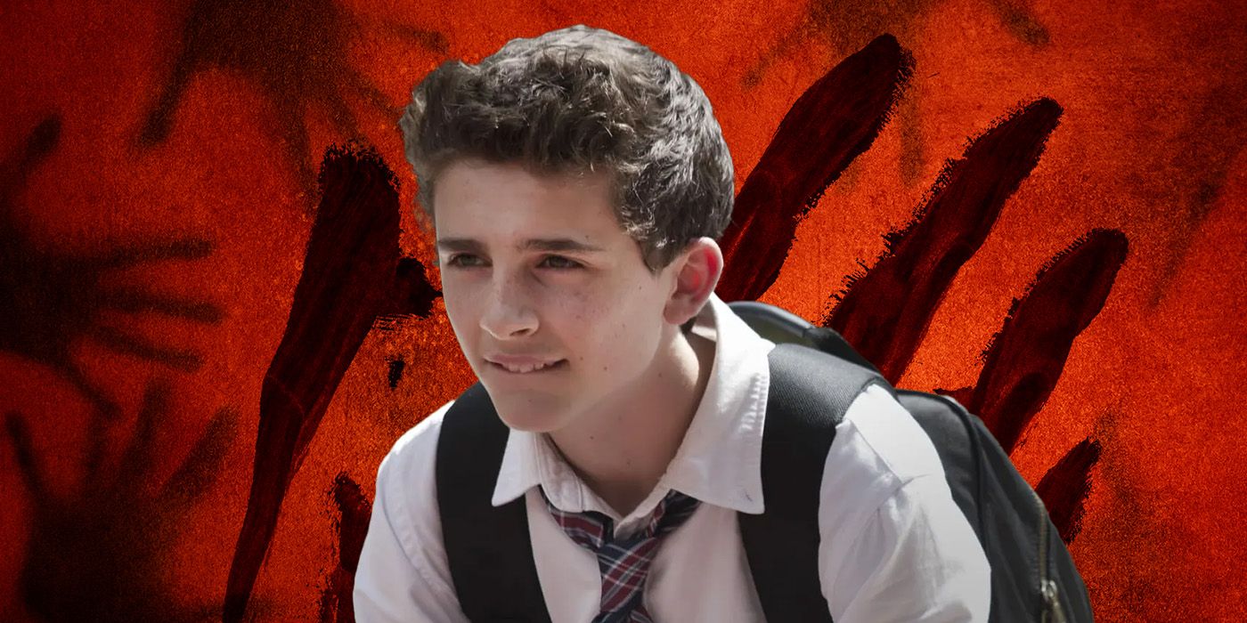Timothee Chalamet as Finn Walden in Homeland against a red background with bloody handprints