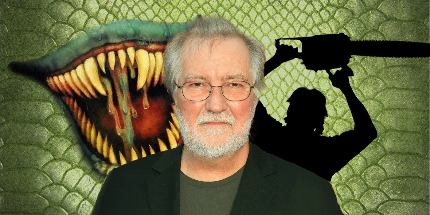 Feature image of Tobe Hooper with a backdrop of a reptile mouth, scales and a silhouette of Leatherface