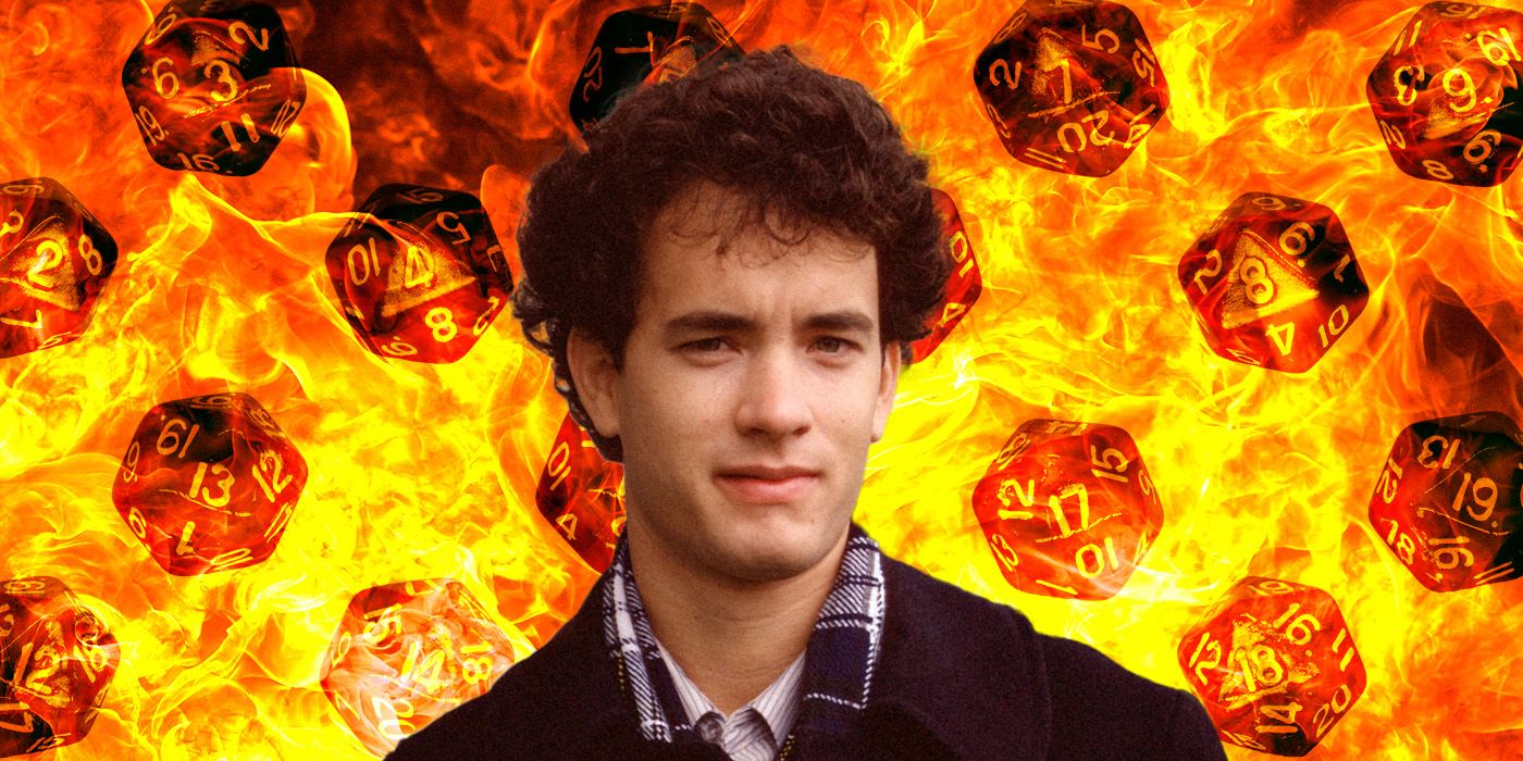 A custom image of Tom Hanks from Mazes and Monsters, set against a background of fire and D&D dice