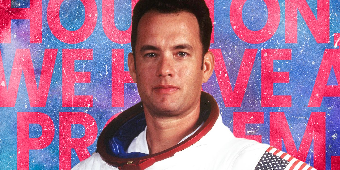 Blended image showing Tom Hanks in an astronaut suit and a movie quote in the background.