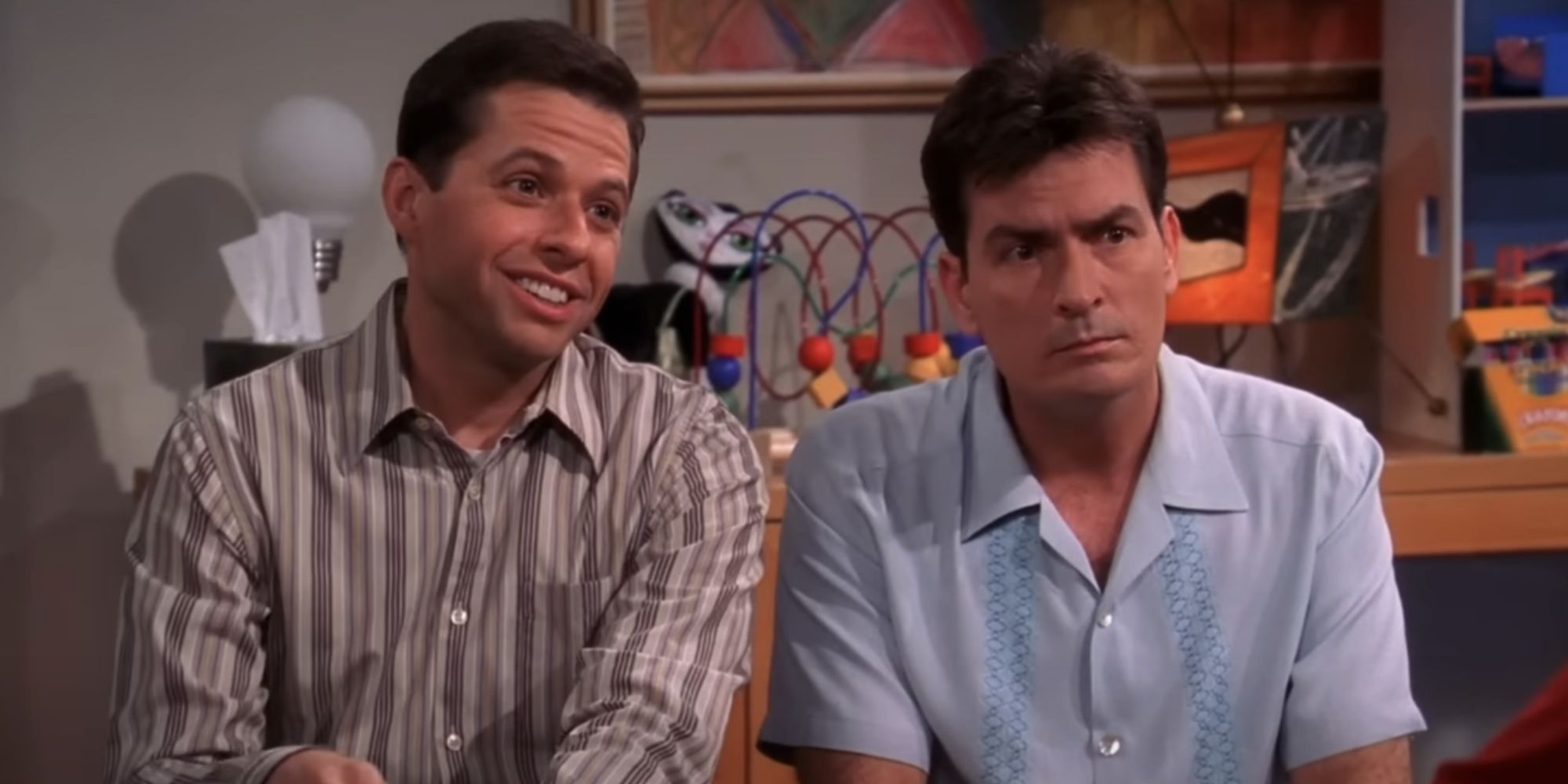 Jon Cryer and Charlie Sheen as Alan and Charlie in Two and a Half Men 