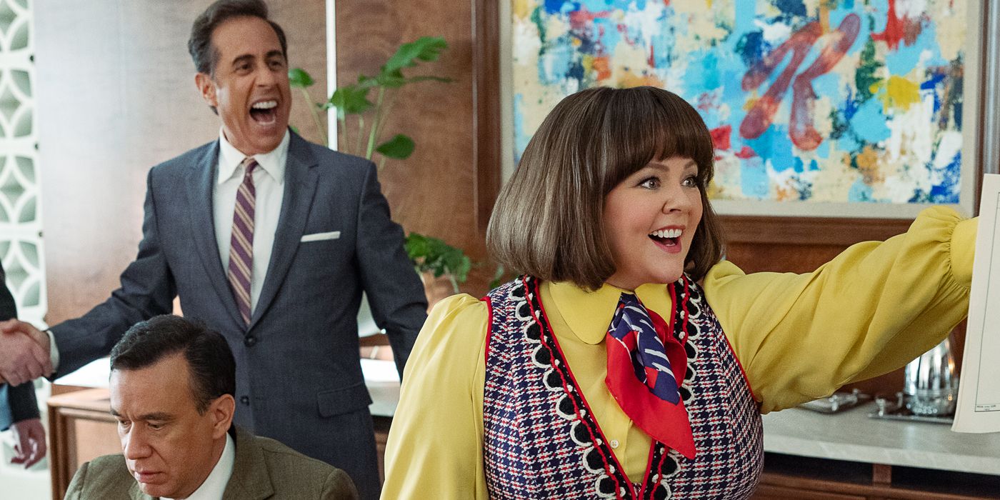 Melissa McCarthy Jerry Seinfeld in colorful attire in Unfrosted